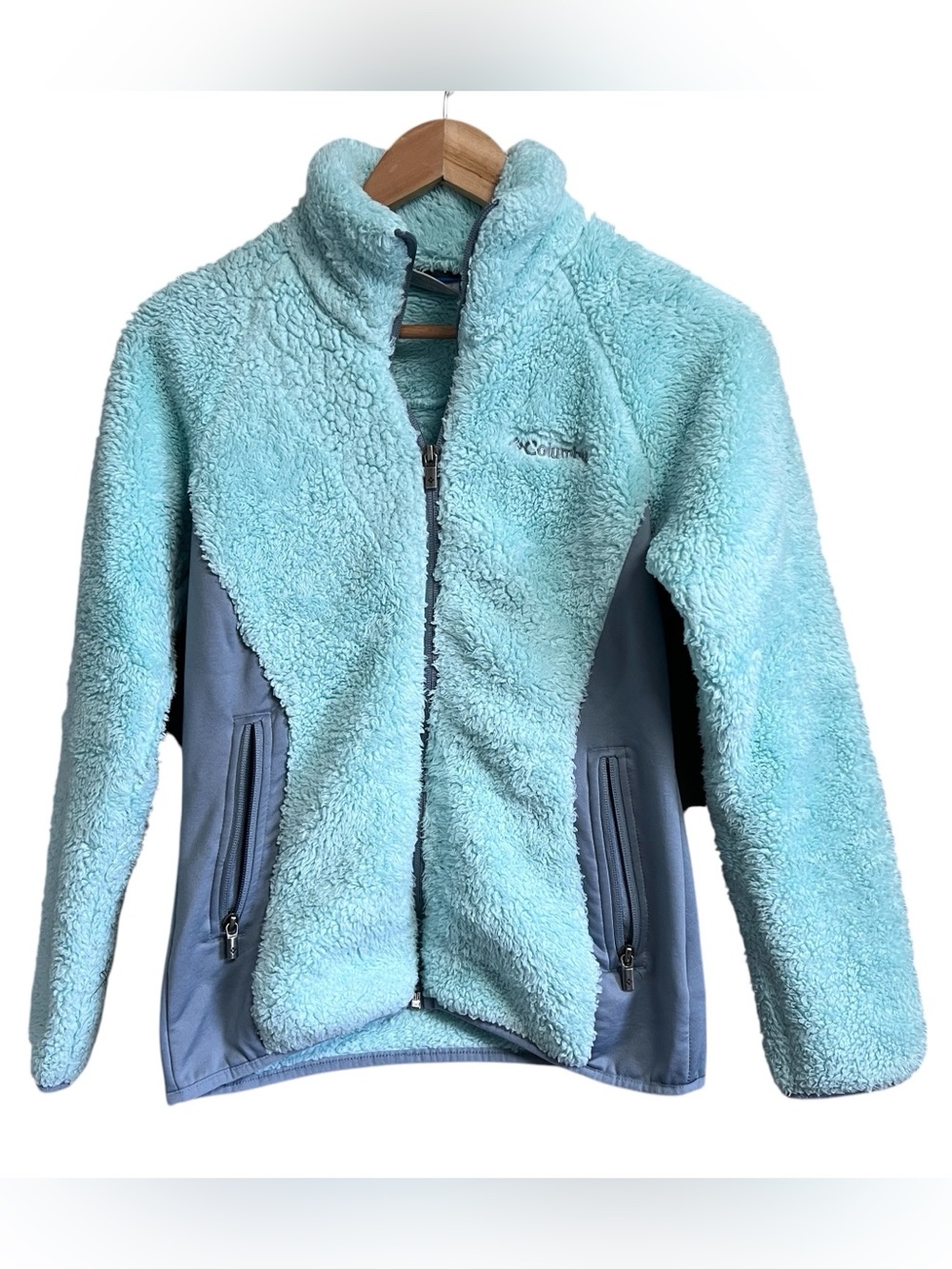Columbia Light Aqua Sherpa Fleece Jacket with Slate Panels